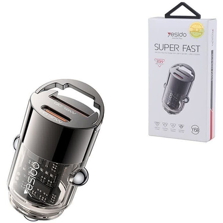 شارژر فندکی یسیدو مدل Y68 ظرفیت ۳۰ وات فست شارژ